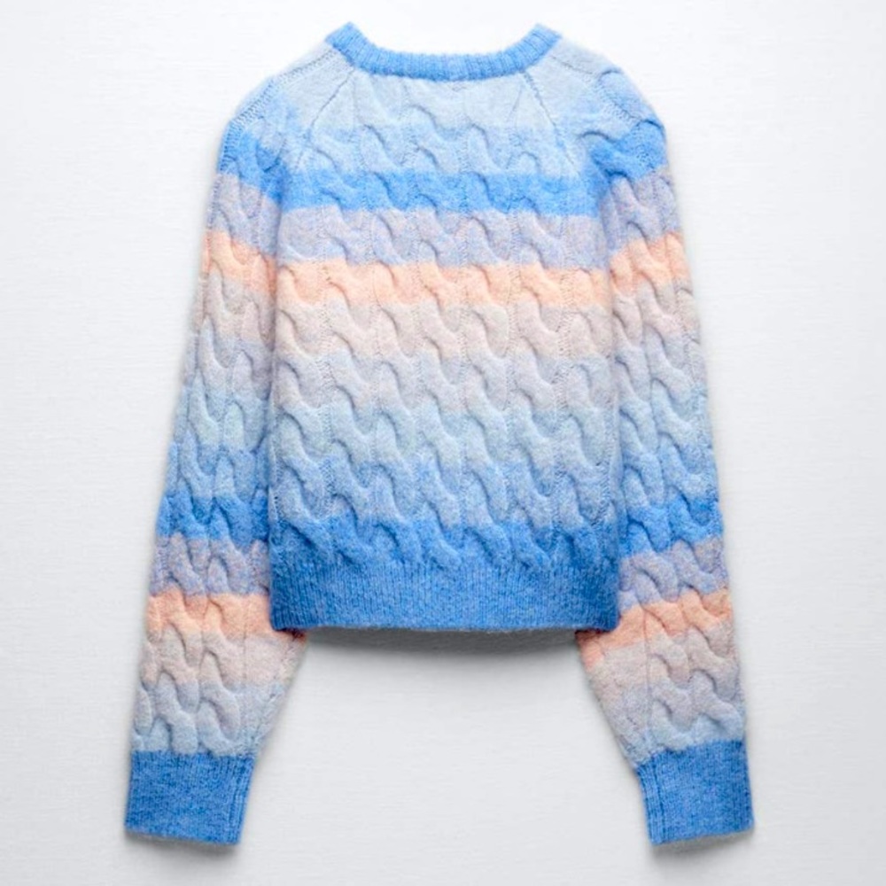 Zara Ombre Cable Knit Button Front Cardigan in Blue Pink - Picture 3 of 11